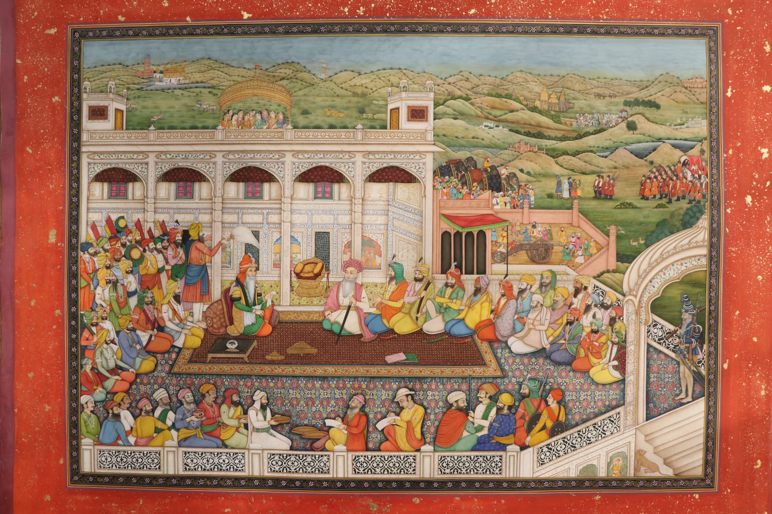 A richly detailed miniature painting of an Indian royal court and palace